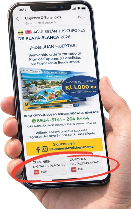 Teléfono mostrando el correo de Cupones & Beneficios con los cupones digitales de Playa Blanca adjuntos en dos archivos PDF